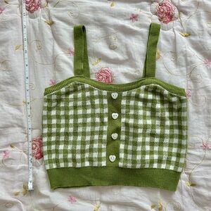 Green Gingham Crop Tank Top with Heart Buttons